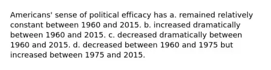 Americans' sense of political efficacy has a. remained relatively constant between 1960 and 2015. b. increased dramatically between 1960 and 2015. c. decreased dramatically between 1960 and 2015. d. decreased between 1960 and 1975 but increased between 1975 and 2015.