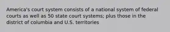 America's court system consists of a national system of federal courts as well as 50 state court systems; plus those in the district of columbia and U.S. territories