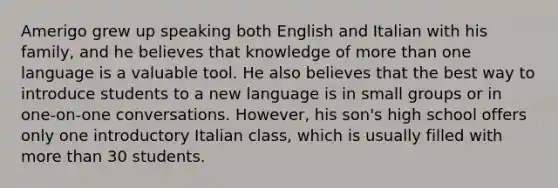 Amerigo grew up speaking both English and Italian with his family, and he believes that knowledge of more than one language is a valuable tool. He also believes that the best way to introduce students to a new language is in small groups or in one-on-one conversations. However, his son's high school offers only one introductory Italian class, which is usually filled with more than 30 students.