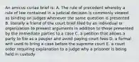 An amicus curiae brief is: A. The rule of precedent whereby a rule of law contained in a judicial decision is commonly viewed as binding on judges whenever the same question is presented B. literally a friend of the court brief filed by an individual or organization to present arguments in addition to those presented by the immediate parties to a case C. a petition that allows a party to file as a pauper and avoid paying court fees D. a formal writ used to bring a case before the supreme court E. a court order requiring explanation to a judge why a prisoner is being held in custody