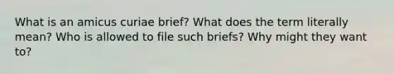 What is an amicus curiae brief? What does the term literally mean? Who is allowed to file such briefs? Why might they want to?