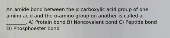 An amide bond between the α-carboxylic acid group of one amino acid and the α-amino group on another is called a ________. A) Protein bond B) Noncovalent bond C) Peptide bond D) Phosphoester bond