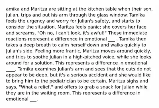 amika and Maritza are sitting at the kitchen table when their son, Julian, trips and put his arm through the glass window. Tamika feels the urgency and worry for Julian's safety, and starts to consider the situation. Maritza feels panic; she covers her face and screams, "Oh no, I can't look, it's awful!" These immediate reactions represent a difference in emotional ___ . Tamika then takes a deep breath to calm herself down and walks quickly to Julian's side. Feeling more frantic, Maritza moves around quickly, and tries to soothe Julian in a high-pitched voice, while she looks around for a solution. This represents a difference in emotional ____. Tamika examines Julian's arm and sees that the cuts do not appear to be deep, but it's a serious accident and she would like to bring him to the pediatrician to be certain. Maritza sighs and says, "What a relief," and offers to grab a snack for Julian while they are in the waiting room. This represents a difference in emotional ___.