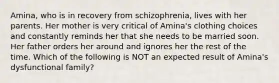 Amina, who is in recovery from schizophrenia, lives with her parents. Her mother is very critical of Amina's clothing choices and constantly reminds her that she needs to be married soon. Her father orders her around and ignores her the rest of the time. Which of the following is NOT an expected result of Amina's dysfunctional family?