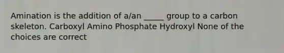 Amination is the addition of a/an _____ group to a carbon skeleton. Carboxyl Amino Phosphate Hydroxyl None of the choices are correct