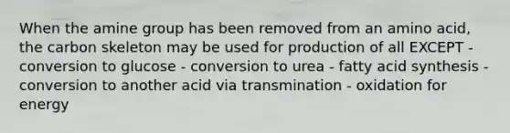 When the amine group has been removed from an amino acid, the carbon skeleton may be used for production of all EXCEPT - conversion to glucose - conversion to urea - fatty acid synthesis - conversion to another acid via transmination - oxidation for energy