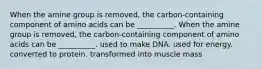 When the amine group is removed, the carbon-containing component of amino acids can be __________. When the amine group is removed, the carbon-containing component of amino acids can be __________. used to make DNA. used for energy. converted to protein. transformed into muscle mass