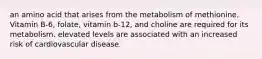 an amino acid that arises from the metabolism of methionine. Vitamin B-6, folate, vitamin b-12, and choline are required for its metabolism. elevated levels are associated with an increased risk of cardiovascular disease.