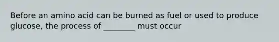 Before an amino acid can be burned as fuel or used to produce glucose, the process of ________ must occur