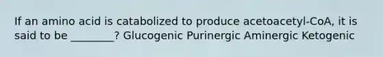 If an amino acid is catabolized to produce acetoacetyl-CoA, it is said to be ________? Glucogenic Purinergic Aminergic Ketogenic