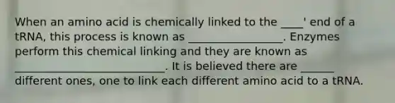 When an amino acid is chemically linked to the ____' end of a tRNA, this process is known as _________________. Enzymes perform this chemical linking and they are known as ___________________________. It is believed there are ______ different ones, one to link each different amino acid to a tRNA.