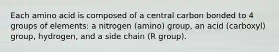 Each amino acid is composed of a central carbon bonded to 4 groups of elements: a nitrogen (amino) group, an acid (carboxyl) group, hydrogen, and a side chain (R group).