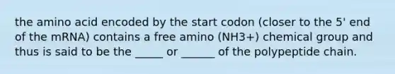 the amino acid encoded by the start codon (closer to the 5' end of the mRNA) contains a free amino (NH3+) chemical group and thus is said to be the _____ or ______ of the polypeptide chain.