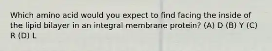 Which amino acid would you expect to find facing the inside of the lipid bilayer in an integral membrane protein? (A) D (B) Y (C) R (D) L