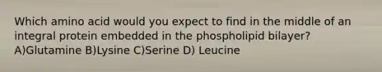 Which amino acid would you expect to find in the middle of an integral protein embedded in the phospholipid bilayer? A)Glutamine B)Lysine C)Serine D) Leucine