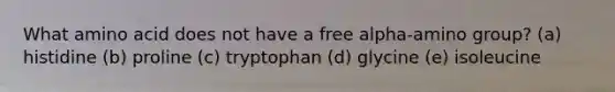 What amino acid does not have a free alpha-amino group? (a) histidine (b) proline (c) tryptophan (d) glycine (e) isoleucine