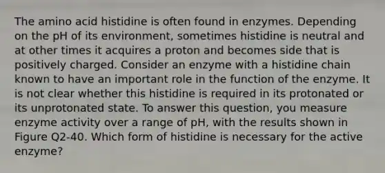 The amino acid histidine is often found in enzymes. Depending on the pH of its environment, sometimes histidine is neutral and at other times it acquires a proton and becomes side that is positively charged. Consider an enzyme with a histidine chain known to have an important role in the function of the enzyme. It is not clear whether this histidine is required in its protonated or its unprotonated state. To answer this question, you measure enzyme activity over a range of pH, with the results shown in Figure Q2-40. Which form of histidine is necessary for the active enzyme?