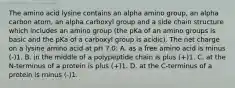 The amino acid lysine contains an alpha amino group, an alpha carbon atom, an alpha carboxyl group and a side chain structure which includes an amino group (the pKa of an amino groups is basic and the pKa of a carboxyl group is acidic). The net charge on a lysine amino acid at pH 7.0: A. as a free amino acid is minus (-)1. B. in the middle of a polypeptide chain is plus (+)1. C. at the N-terminus of a protein is plus (+)1. D. at the C-terminus of a protein is minus (-)1.