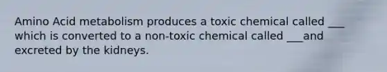 Amino Acid metabolism produces a toxic chemical called ___ which is converted to a non-toxic chemical called ___and excreted by the kidneys.