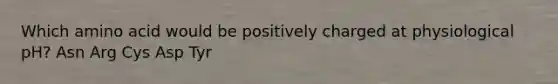 Which amino acid would be positively charged at physiological pH? Asn Arg Cys Asp Tyr