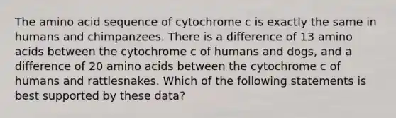 The amino acid sequence of cytochrome c is exactly the same in humans and chimpanzees. There is a difference of 13 <a href='https://www.questionai.com/knowledge/k9gb720LCl-amino-acids' class='anchor-knowledge'>amino acids</a> between the cytochrome c of humans and dogs, and a difference of 20 amino acids between the cytochrome c of humans and rattlesnakes. Which of the following statements is best supported by these data?