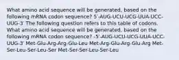 What amino acid sequence will be generated, based on the following mRNA codon sequence? 5′-AUG-UCU-UCG-UUA-UCC-UUG-3′ The following question refers to this table of codons. What amino acid sequence will be generated, based on the following mRNA codon sequence? -5′-AUG-UCU-UCG-UUA-UCC-UUG-3′ Met-Glu-Arg-Arg-Glu-Leu Met-Arg-Glu-Arg-Glu-Arg Met-Ser-Leu-Ser-Leu-Ser Met-Ser-Ser-Leu-Ser-Leu