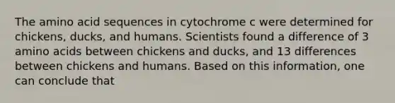 The amino acid sequences in cytochrome c were determined for chickens, ducks, and humans. Scientists found a difference of 3 amino acids between chickens and ducks, and 13 differences between chickens and humans. Based on this information, one can conclude that