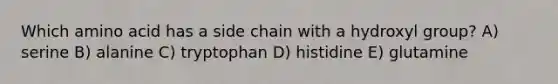 Which amino acid has a side chain with a hydroxyl group? A) serine B) alanine C) tryptophan D) histidine E) glutamine