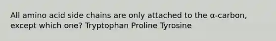 All amino acid side chains are only attached to the α-carbon, except which one? Tryptophan Proline Tyrosine