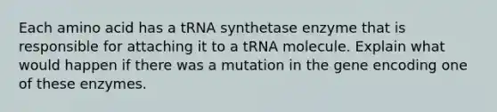 Each amino acid has a tRNA synthetase enzyme that is responsible for attaching it to a tRNA molecule. Explain what would happen if there was a mutation in the gene encoding one of these enzymes.