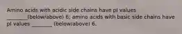 Amino acids with acidic side chains have pI values ________(below/above) 6; amino acids with basic side chains have pI values ________ (below/above) 6.