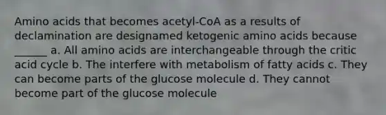 Amino acids that becomes acetyl-CoA as a results of declamination are designamed ketogenic amino acids because ______ a. All amino acids are interchangeable through the critic acid cycle b. The interfere with metabolism of fatty acids c. They can become parts of the glucose molecule d. They cannot become part of the glucose molecule