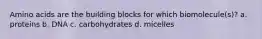 Amino acids are the building blocks for which biomolecule(s)? a. proteins b. DNA c. carbohydrates d. micelles