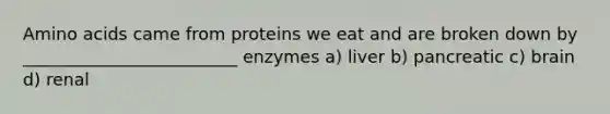 Amino acids came from proteins we eat and are broken down by _________________________ enzymes a) liver b) pancreatic c) brain d) renal