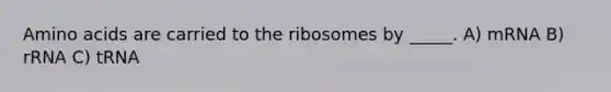 Amino acids are carried to the ribosomes by _____. A) mRNA B) rRNA C) tRNA