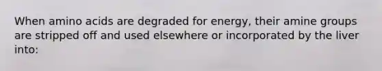 When <a href='https://www.questionai.com/knowledge/k9gb720LCl-amino-acids' class='anchor-knowledge'>amino acids</a> are degraded for energy, their amine groups are stripped off and used elsewhere or incorporated by the liver into:​