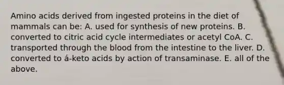 <a href='https://www.questionai.com/knowledge/k9gb720LCl-amino-acids' class='anchor-knowledge'>amino acids</a> derived from ingested proteins in the diet of mammals can be: A. used for synthesis of new proteins. B. converted to citric acid cycle intermediates or acetyl CoA. C. transported through <a href='https://www.questionai.com/knowledge/k7oXMfj7lk-the-blood' class='anchor-knowledge'>the blood</a> from the intestine to the liver. D. converted to á-keto acids by action of transaminase. E. all of the above.