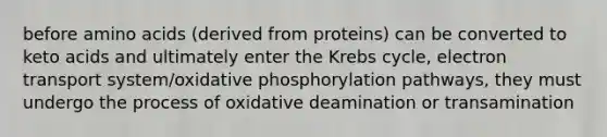 before <a href='https://www.questionai.com/knowledge/k9gb720LCl-amino-acids' class='anchor-knowledge'>amino acids</a> (derived from proteins) can be converted to keto acids and ultimately enter the <a href='https://www.questionai.com/knowledge/kqfW58SNl2-krebs-cycle' class='anchor-knowledge'>krebs cycle</a>, electron transport system/<a href='https://www.questionai.com/knowledge/kFazUb9IwO-oxidative-phosphorylation' class='anchor-knowledge'>oxidative phosphorylation</a> pathways, they must undergo the process of oxidative deamination or transamination