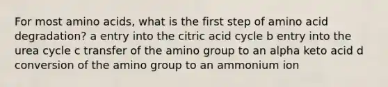 For most amino acids, what is the first step of amino acid degradation? a entry into the citric acid cycle b entry into the urea cycle c transfer of the amino group to an alpha keto acid d conversion of the amino group to an ammonium ion