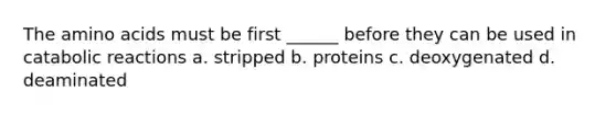 The <a href='https://www.questionai.com/knowledge/k9gb720LCl-amino-acids' class='anchor-knowledge'>amino acids</a> must be first ______ before they can be used in catabolic reactions a. stripped b. proteins c. deoxygenated d. deaminated