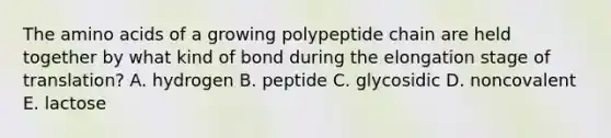 The amino acids of a growing polypeptide chain are held together by what kind of bond during the elongation stage of translation? A. hydrogen B. peptide C. glycosidic D. noncovalent E. lactose