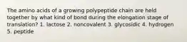 The amino acids of a growing polypeptide chain are held together by what kind of bond during the elongation stage of translation? 1. lactose 2. noncovalent 3. glycosidic 4. hydrogen 5. peptide