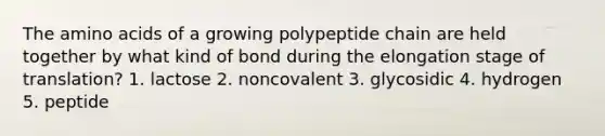 The amino acids of a growing polypeptide chain are held together by what kind of bond during the elongation stage of translation? 1. lactose 2. noncovalent 3. glycosidic 4. hydrogen 5. peptide