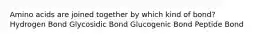 Amino acids are joined together by which kind of bond? Hydrogen Bond Glycosidic Bond Glucogenic Bond Peptide Bond