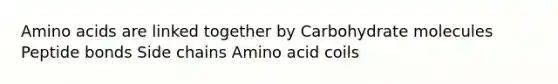 Amino acids are linked together by Carbohydrate molecules Peptide bonds Side chains Amino acid coils