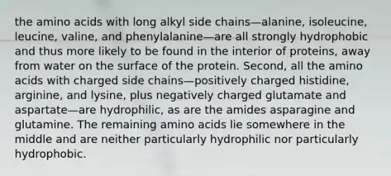 the <a href='https://www.questionai.com/knowledge/k9gb720LCl-amino-acids' class='anchor-knowledge'>amino acids</a> with long alkyl side chains—alanine, isoleucine, leucine, valine, and phenylalanine—are all strongly hydrophobic and thus more likely to be found in the interior of proteins, away from water on the surface of the protein. Second, all the amino acids with charged side chains—positively charged histidine, arginine, and lysine, plus negatively charged glutamate and aspartate—are hydrophilic, as are the amides asparagine and glutamine. The remaining amino acids lie somewhere in the middle and are neither particularly hydrophilic nor particularly hydrophobic.