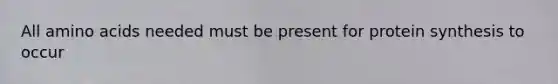 All <a href='https://www.questionai.com/knowledge/k9gb720LCl-amino-acids' class='anchor-knowledge'>amino acids</a> needed must be present for <a href='https://www.questionai.com/knowledge/kVyphSdCnD-protein-synthesis' class='anchor-knowledge'>protein synthesis</a> to occur