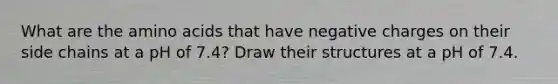 What are the amino acids that have negative charges on their side chains at a pH of 7.4? Draw their structures at a pH of 7.4.