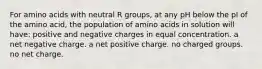 For amino acids with neutral R groups, at any pH below the pI of the amino acid, the population of amino acids in solution will have: positive and negative charges in equal concentration. a net negative charge. a net positive charge. no charged groups. no net charge.