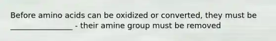 Before <a href='https://www.questionai.com/knowledge/k9gb720LCl-amino-acids' class='anchor-knowledge'>amino acids</a> can be oxidized or converted, they must be ________________ - their amine group must be removed